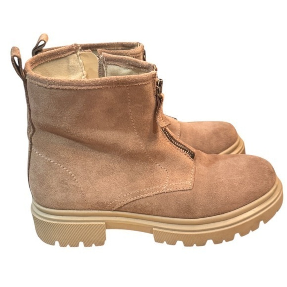 Cruza Women's Tan Suede Zip Front & Side Lug Sole Ankle Boots Size 39